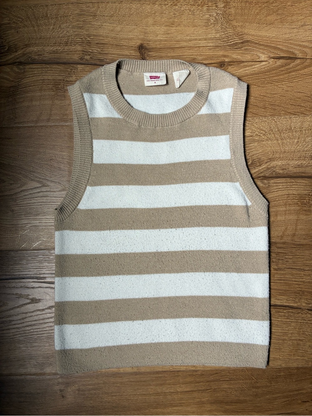 Levi's Sweater Vest, Beige and White Striped Crewneck